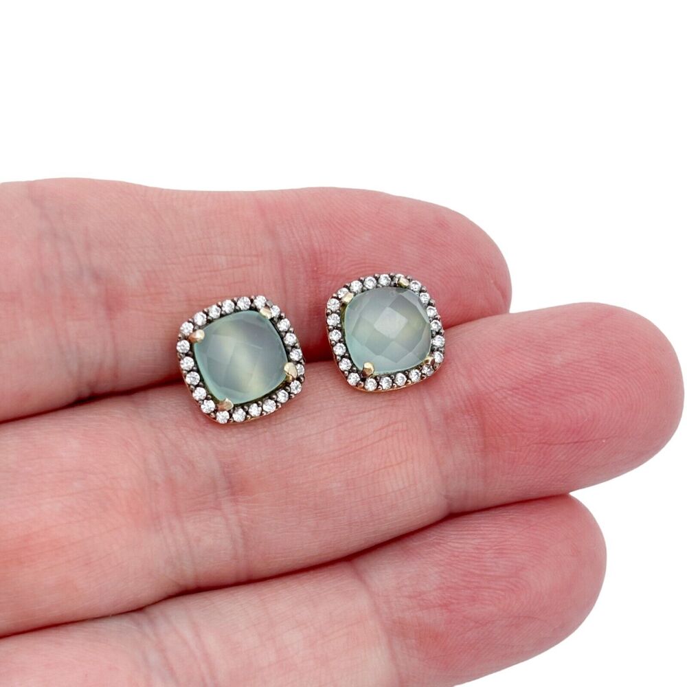 Estate Sterling Silver 925 Gold-Tone Chalcedony Cubic Zirconia Halo Earrings